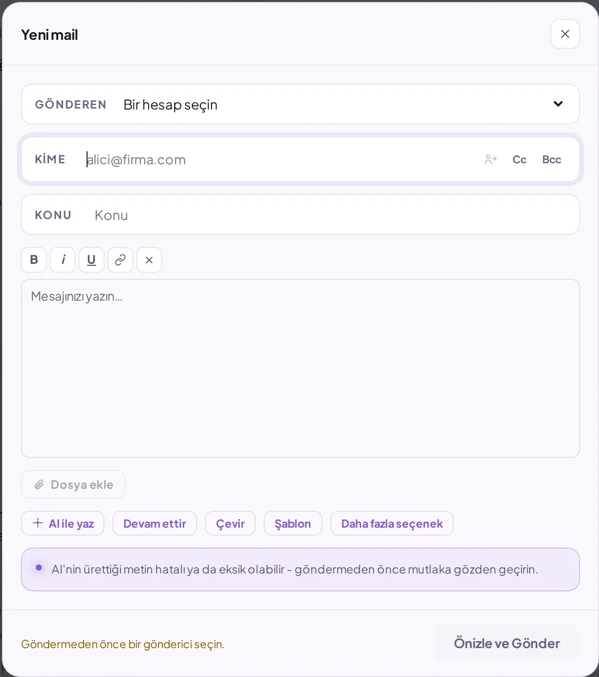 SmartMail yazma ekranı (örnek veriler)