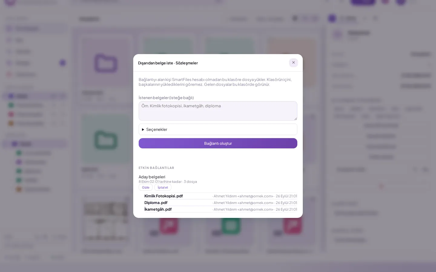 SmartFiles'ta klasör için yükleme bağlantısı oluşturma penceresi
