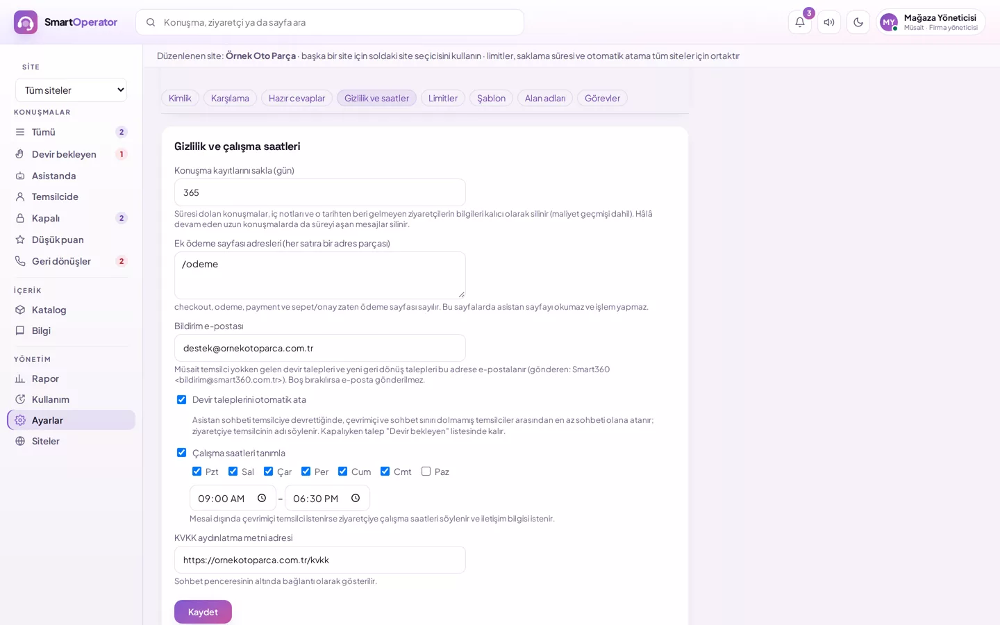 Privacy and working hours settings: retention period, payment page addresses, notification email