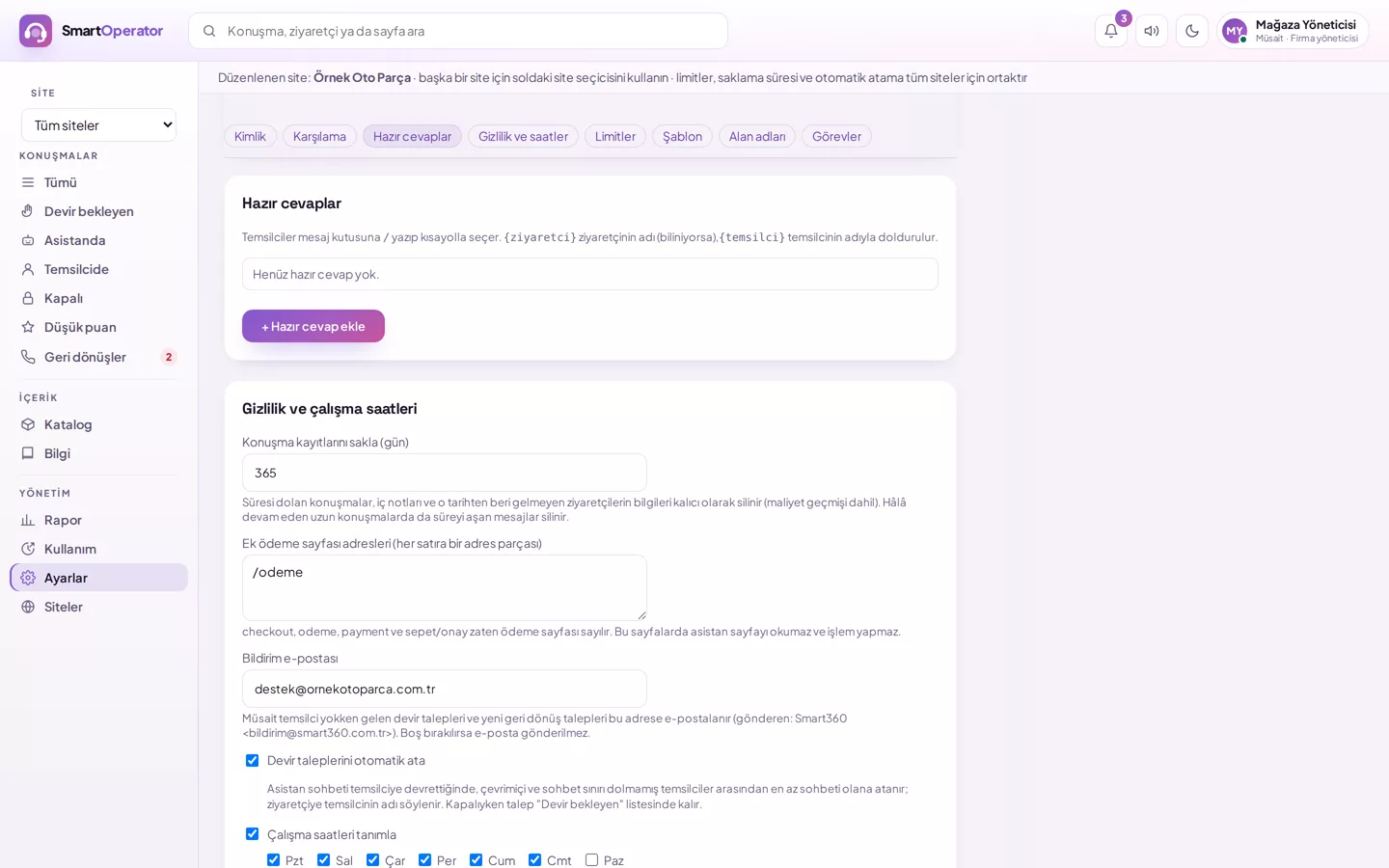 Settings for quick replies, privacy and working hours