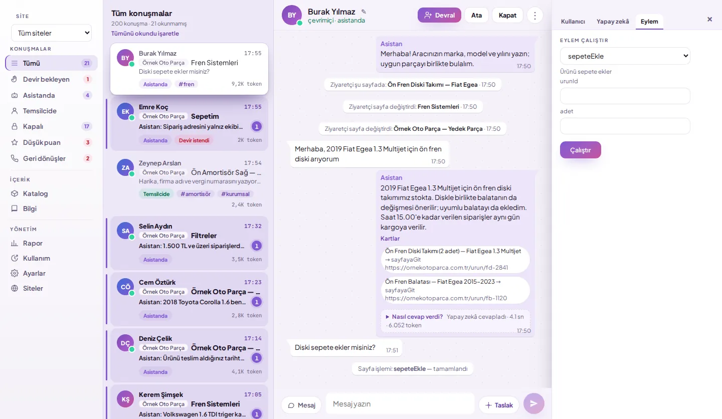 Site eylemleri: eylem listesi, parametreler ve onay ayarı