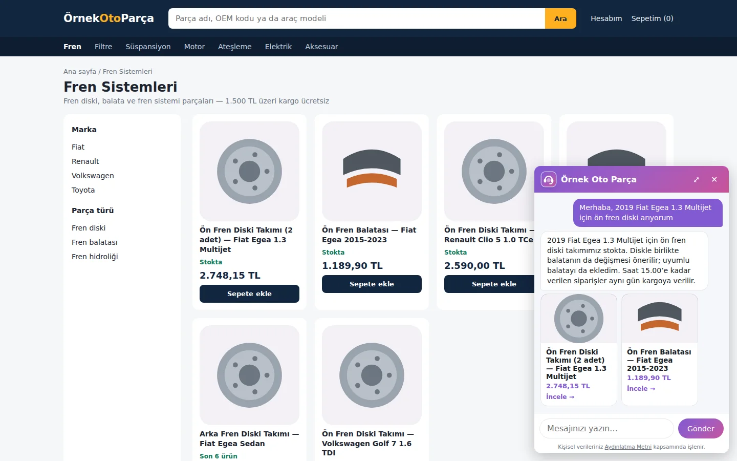 Chat window on example auto parts site: visitor's question, agent's answer, and priced product cards