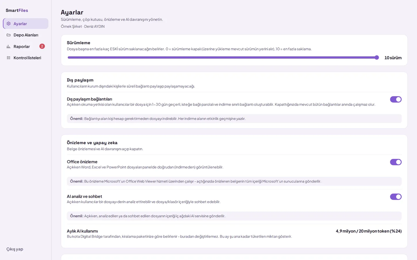 Organisation settings: version ceiling, external sharing, preview, and AI