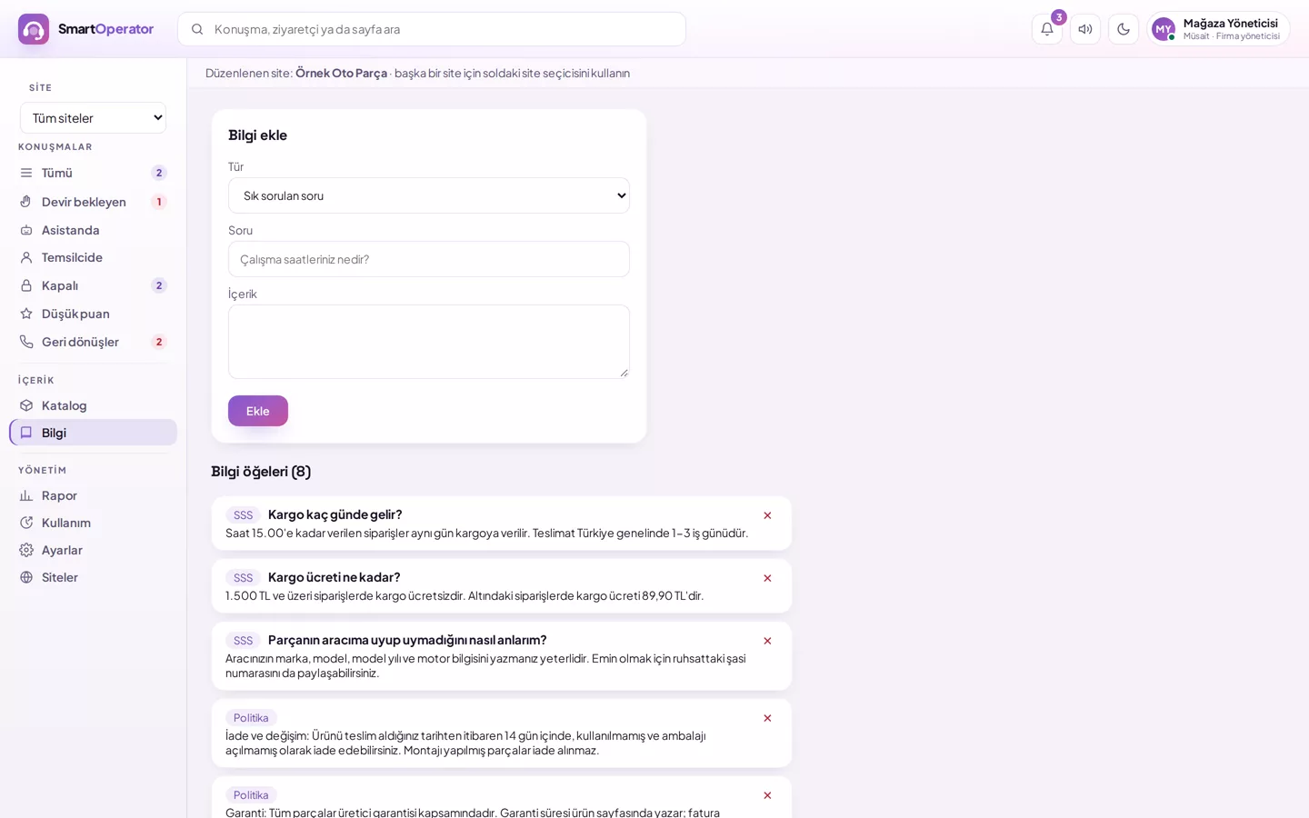 Knowledge base screen: FAQ and policy items