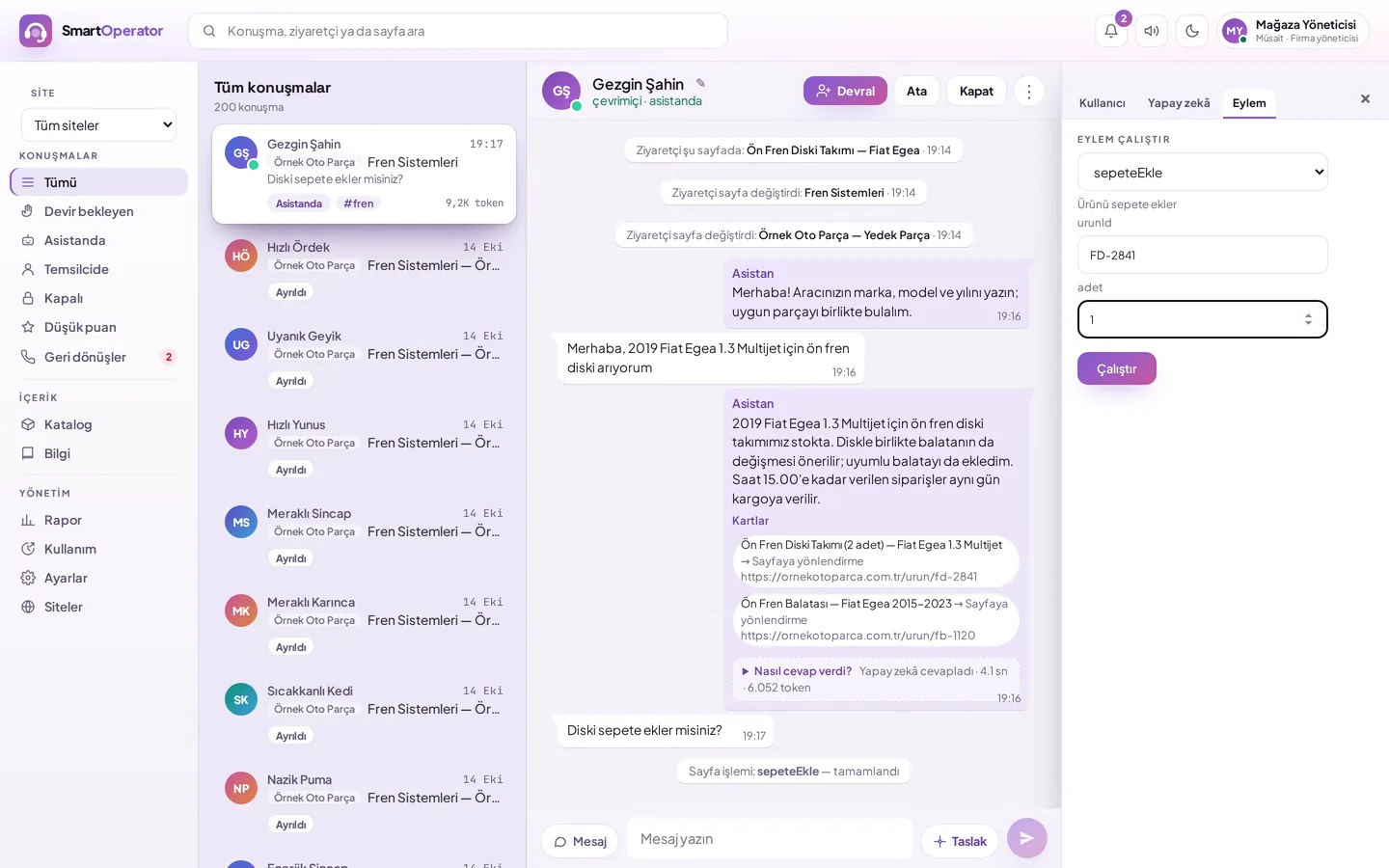 Site eylemleri: yapay zekâ sepete ekleme eylemini çalıştırıyor