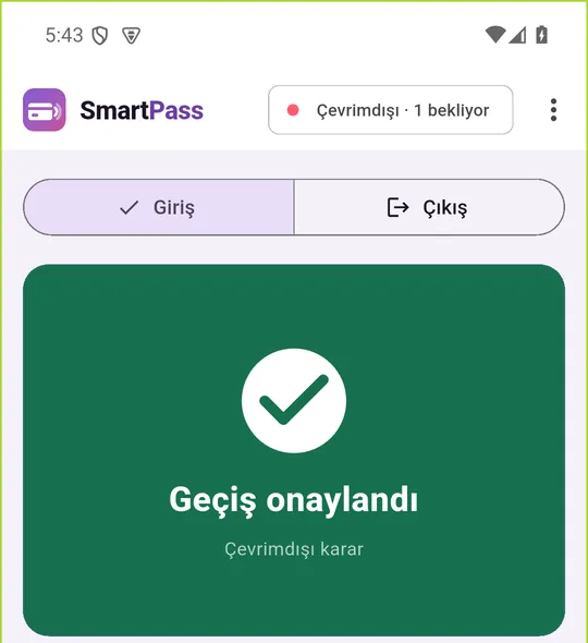 Mobil terminal: çevrimdışı gösterge ve bekleyen geçiş sayısı