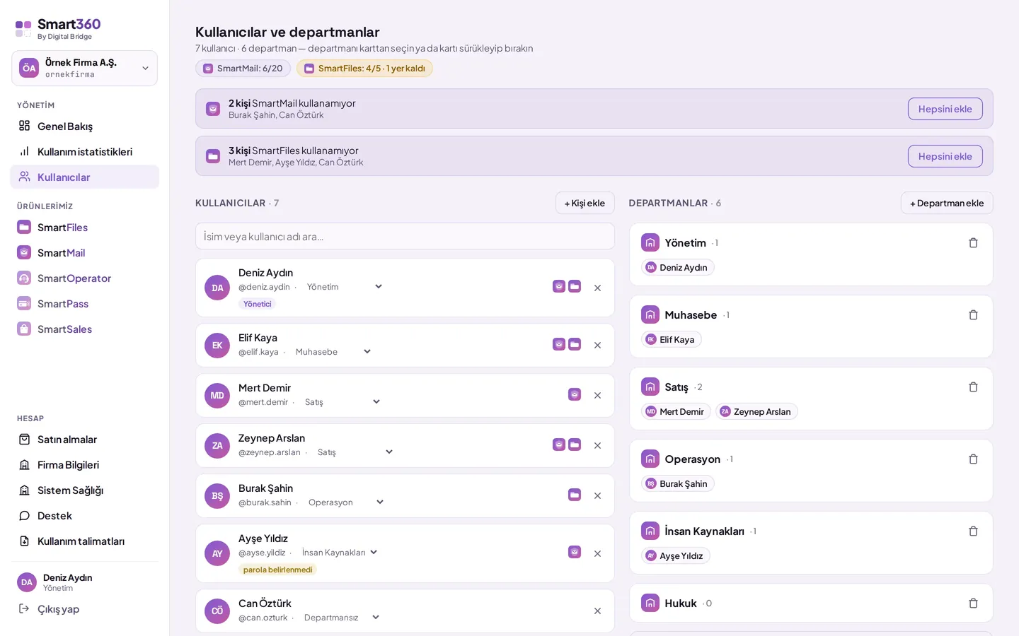 Smart360 kurum paneli Ekip ekranı: kullanıcılar ve departmanlar (örnek veriler)