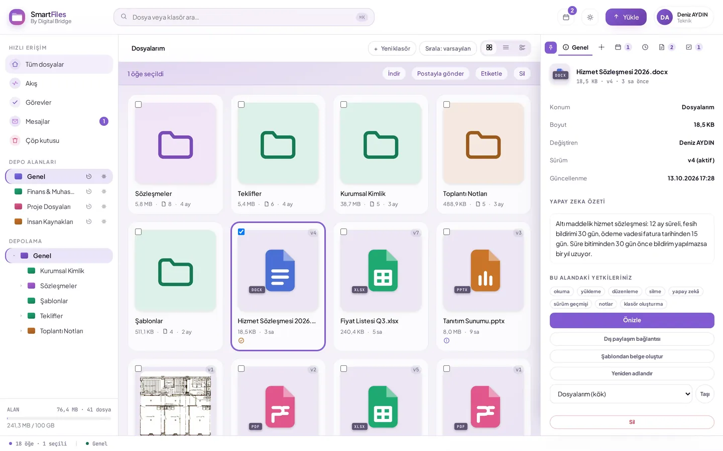 SmartFiles belge ayrıntısı ve yapay zekâ raporu (örnek veriler)