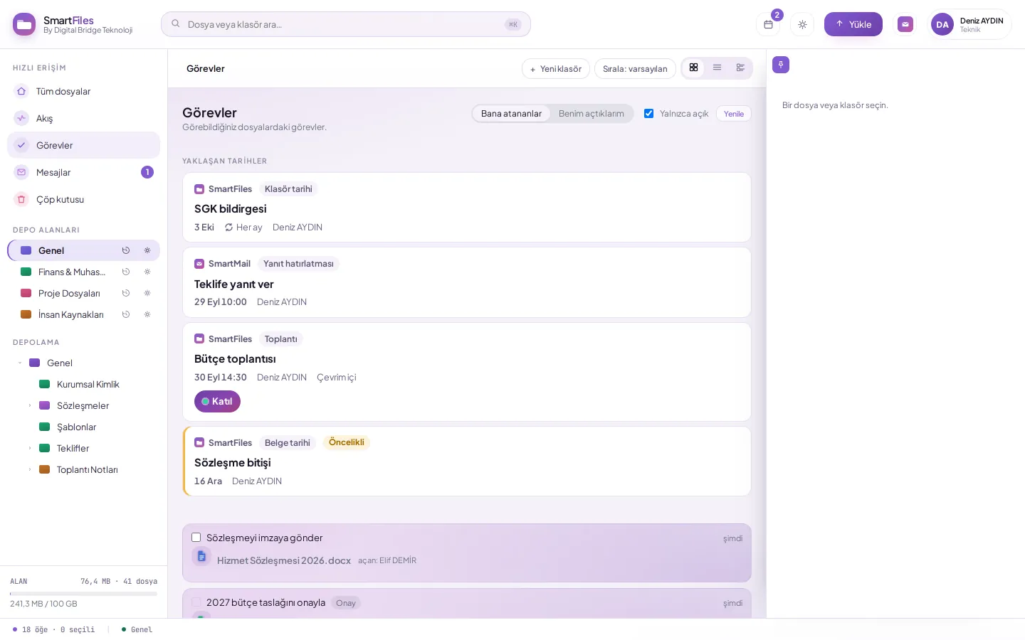 SmartFiles'ta belgenin takvim sekmesinde eklenen bitiş ve hatırlatma tarihleri
