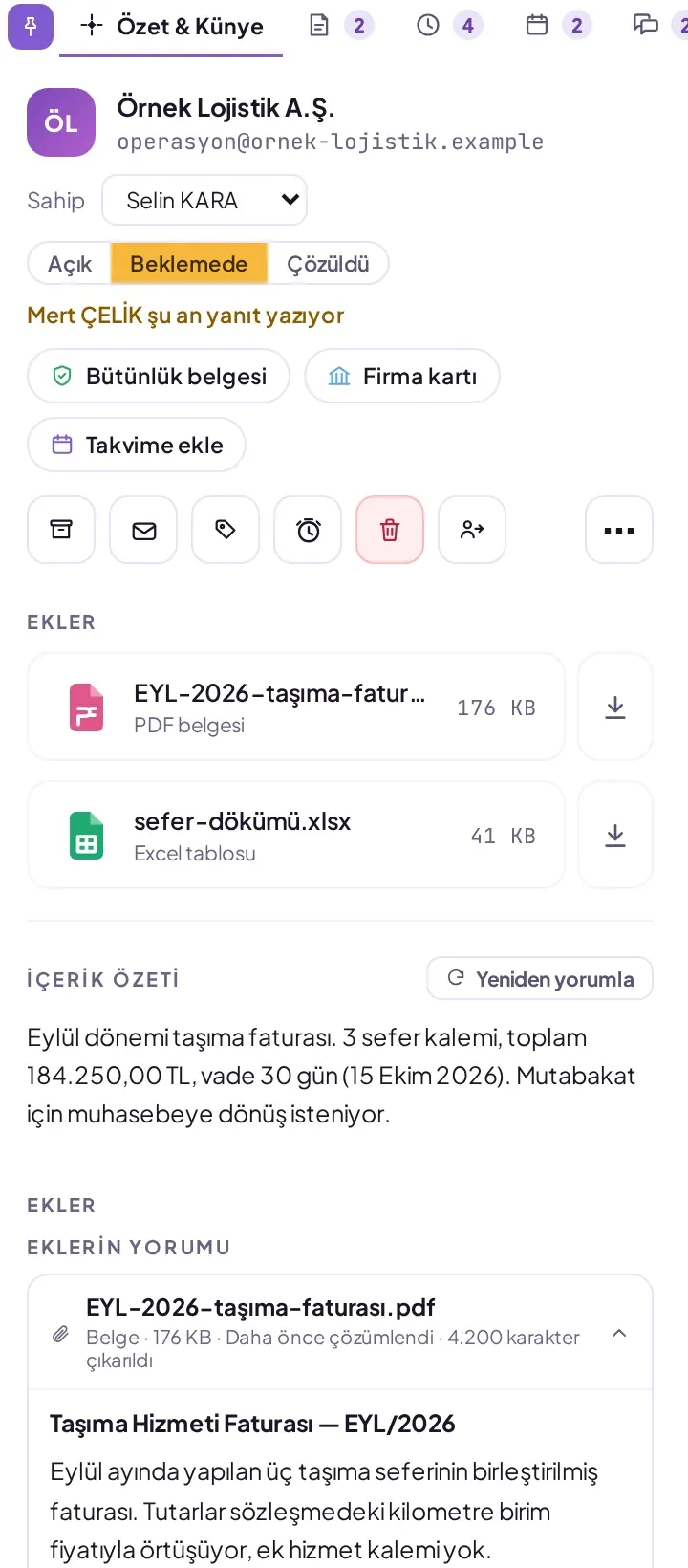 SmartMail mail özeti paneli (örnek veriler)