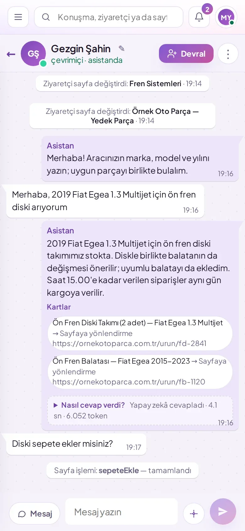 SmartOperator paneli telefonda: konuşma, ürün kartları ve "Nasıl cevap verdi?" izi