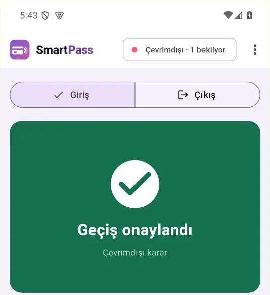 SmartPass mobil: çevrimdışı karar, 1 okuma aktarılmayı bekliyor