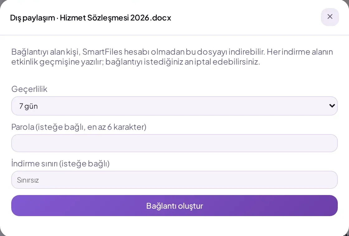 SmartFiles dış paylaşım penceresi: geçerlilik, parola, indirme sınırı