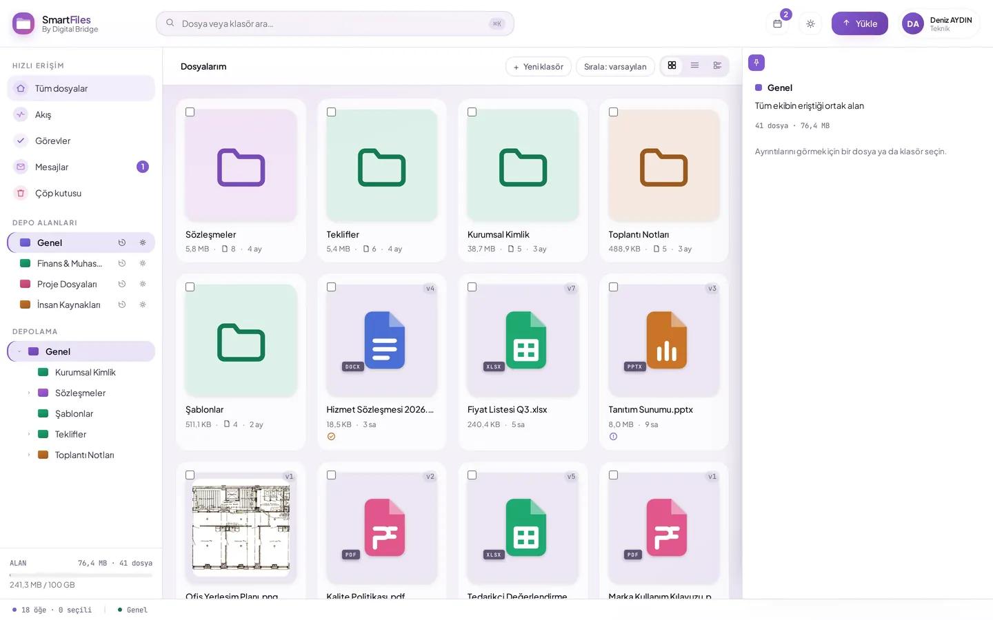 SmartFiles dosyalar ekranı: depo alanları ve klasörler
