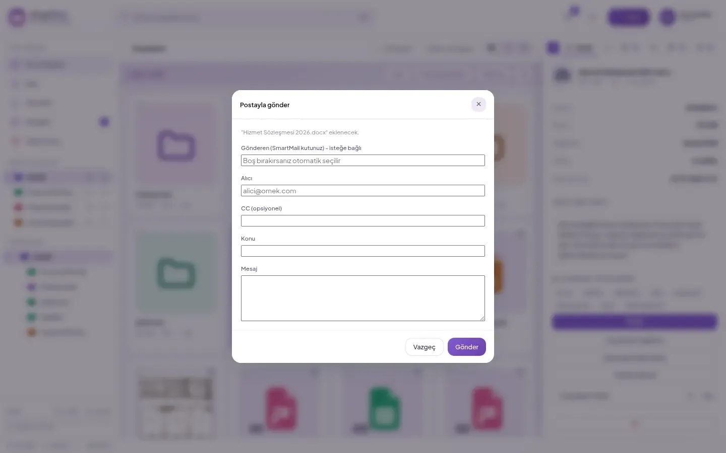 SmartFiles Send by Email window: recipient, subject, and message fields