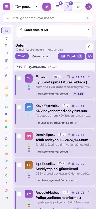 SmartMail mobil uygulamasında gelen kutusu