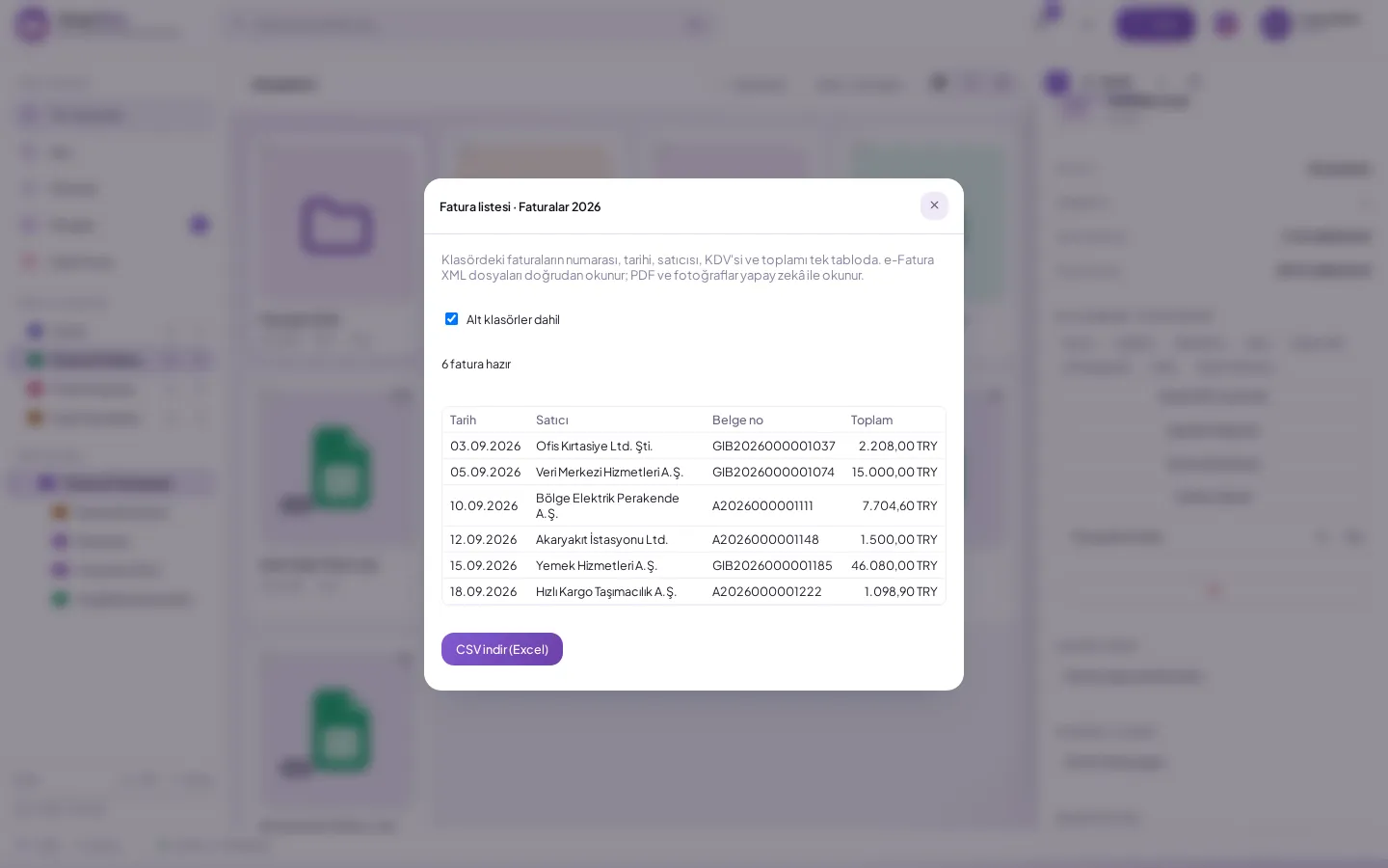 Invoice table: date, seller, VAT and total